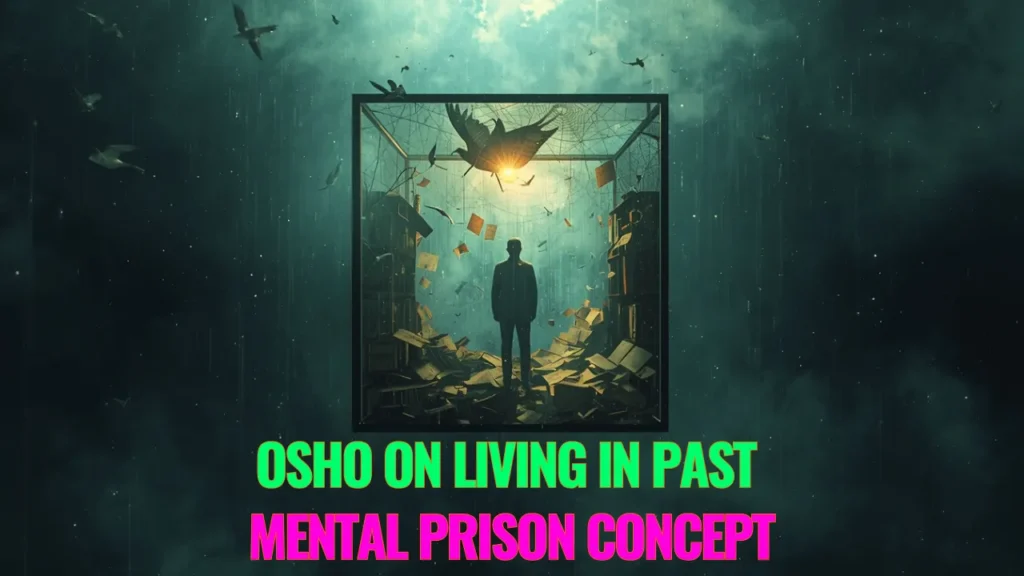 Man trapped in glass cube surrounded by old books showing mental prison of past