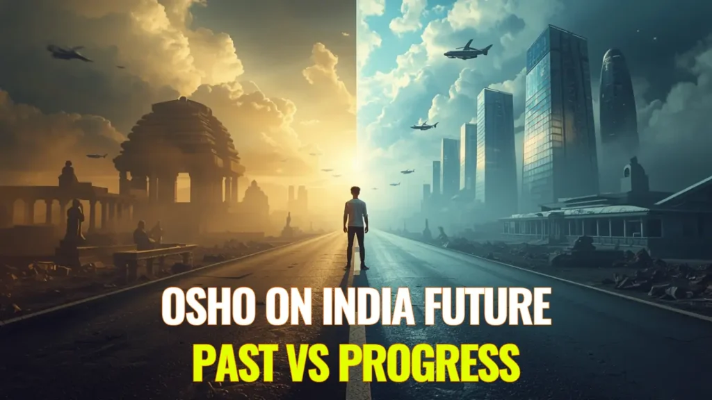 Young man standing at crossroads between ancient India and futuristic city