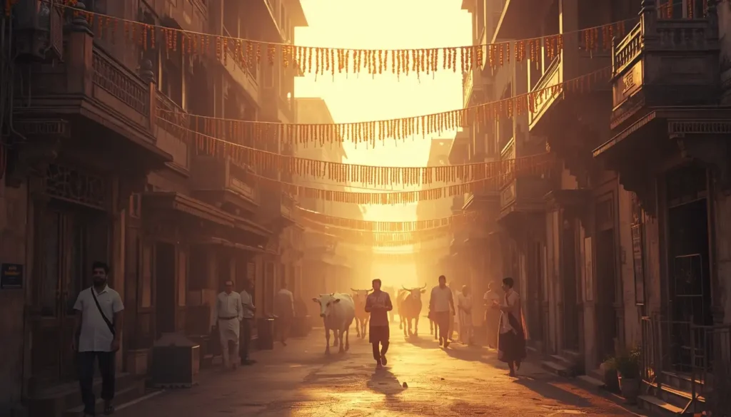 Peaceful Vrindavan street with temples and devotees