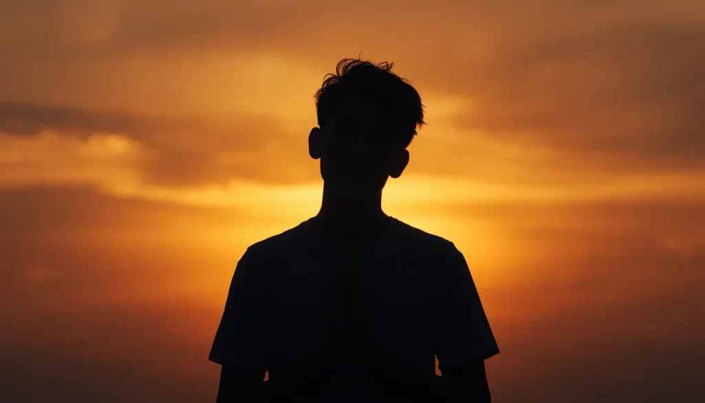 Person silhouette praying at sunset for peace