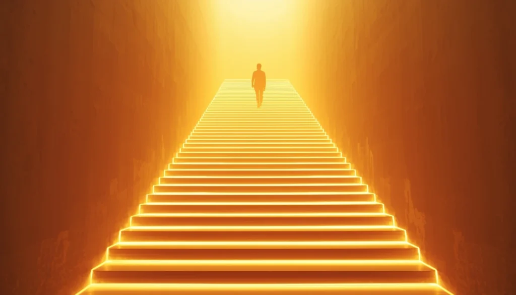 Person walking upward steps towards light representing growth