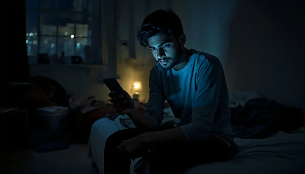 Indian man feeling lonely and stressed at night using phone