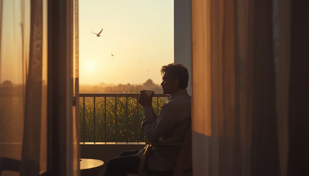 Person sitting calmly in morning sunlight with tea